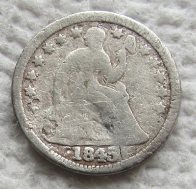 1845 Seated Liberty Silver Half Dime Early Rare Date Cleaned Corroded Damaged - Image 1 of 3