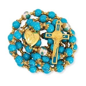 St. Benedict Turquoise Rosary Beads Catholic Necklace Flowers Mystery Beads - Picture 1 of 7