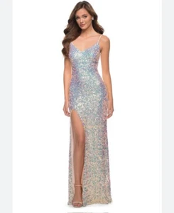 CAMILLE LA VIE White Pastel Sequin Stretch Bodycon Hi-Slit Maxi Gown MAC DUGGAL - Picture 1 of 11