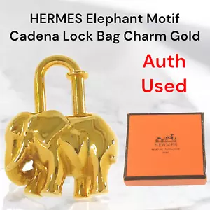 Auth HERMES Elephant Motif Cadena Lock Bag Charm Gold Accessory with box F/J - Picture 1 of 19