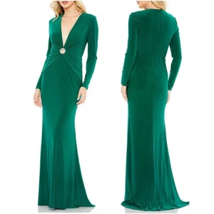 Mac Duggal NWT 26514 Long Sleeve Fitted Gown Plunging Neckline Size 6 Green - Picture 1 of 10