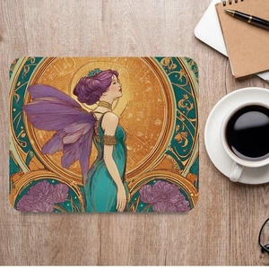 Alfombrilla de ratón de hadas vintage Art Nouveau alas púrpuras halo dorado decoración de escritorio - Imagen 1 de 6