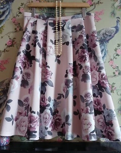 Vintage style rose pink dusky pink & grey floral occasion skirt size 16 Primark - Picture 1 of 7