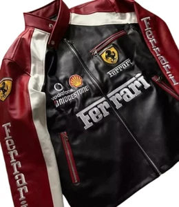 Men's Ferrari Leather Jacket Black & Red - Real Cowhide Leather Racing Jacket - Picture 1 of 5