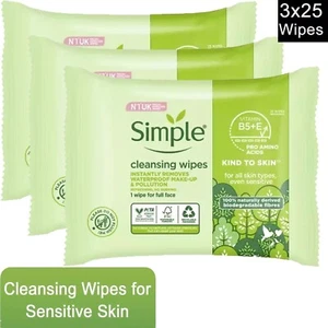 Simple Facial Cleansing Wipes 25 Gentle Units Pack 3 - Picture 1 of 7
