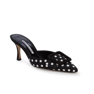 Manolo Blahnik Black & White Maysale Polka Dot Buckle Mules Heels 37.5 - Picture 1 of 16