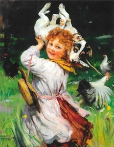 Postal de colección Arthur Elsley REIMPRESIÓN Pixiluv Travesura Niña Perro y Pollos - Imagen 1 de 2