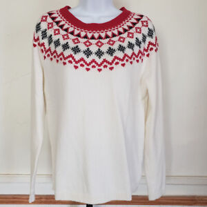 Talbots Womens Sweater Small Fair Isle Nordic Cream Red Blk Long Slv Cotton NEW