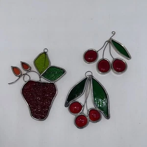 3 vintage leaded stained glass Strawberry & Cherry fruit sun catchers-READ - Picture 1 of 1