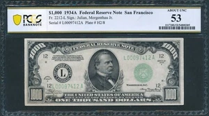 1934A $1000 One Thousand Dollar Bill Currency San Fran Note Money PCGS-B AU 53 - Picture 1 of 3