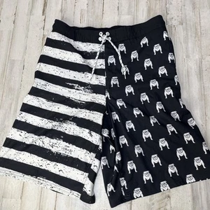 Monument Men Sz M Swim Trunk Pocket Shorts Black&White Mesh Lined Flag Bull Dog - Picture 1 of 8