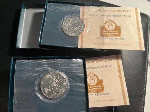 Lot of 2 1992 U.S. Mint Columbus Quintenary UNC Half Dollar Coins W/COA's Cover