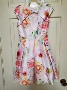 Bonnie Jean 12 Dress Front Keyhole Pink Floral Pleaded Zip & Tie Netting - Picture 1 of 9