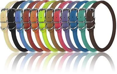 Genuine Leather Collar Rolled Round Soft Padded Dogline 12 Colors Made in Europe - Image 1 of 2
