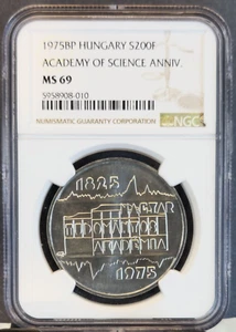 1975 HUNGARY SILVER 200 FORINT S200F ACADEMY OF SCIENCE NGC MS 69 RARE TOP POP - Picture 1 of 3