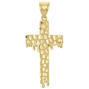 10K Yellow Gold Nugget Ore Style Cross Pendant Blood Dripping Unisex Charm 2.25" - Picture 1 of 6