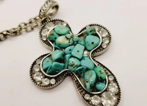 KREUZ Halskette türkisfarben gefärbt abgeplatzter Stein 32" silberfarben - Bild 1 von 6