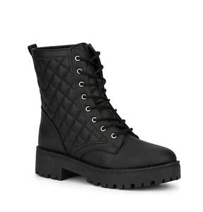 Olivia Miller Women's Fashion Lace Up Quilted Vegan Ankle Combat Boots Black 7.5 - Picture 1 of 2