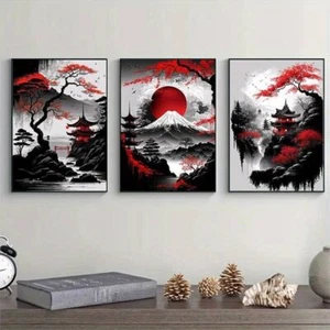3 Stück JAPANISCHE LANDSCHAFT LEINWANDBILD UNGERAHMT WANDKUNST - Bild 1 von 5