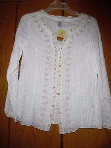 Top tunica donna Coldwater Creek bianco ricamato scollo a V manica lunga taglia XS - Foto 1 di 3