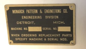 VTG Brass Machine Plate or Emblem Tag: MONARCH PATTERN & ENGINEERING CO; Detroit - Picture 1 of 2