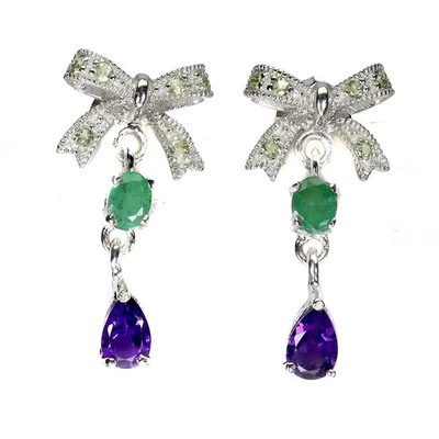 925 Sterling Silver Earrings Pear Amethyst 6x4mm Emerald Gemstone Jewelry - Image 1 of 4