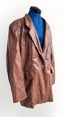 Chaqueta Blazer Vintage Años 90 Selene Marrón Imitación Charol Estampado Jirafa Talla 2X Foto 1 de 4