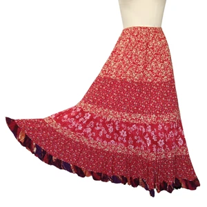 Anna Konya Vintage Red Floral Maxi Skirt One Size Tiered Hippie Bohemian - Picture 1 of 6