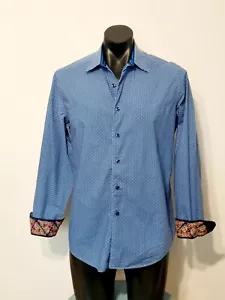 Robert Graham Size Medium Blue Geo Print Long Sleeve Shirt Embroidered Flip Cuff - Picture 1 of 11
