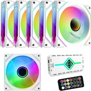 RGB Fans:6 pack 120mm PWM ARGB Case Fan w Fan Hub and Remote Speed Control White - Bild 1 von 7