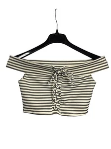 Charlotte Russe Off Shoulder Crop Top Size M Lace Up Front Striped White Black - Picture 1 of 6