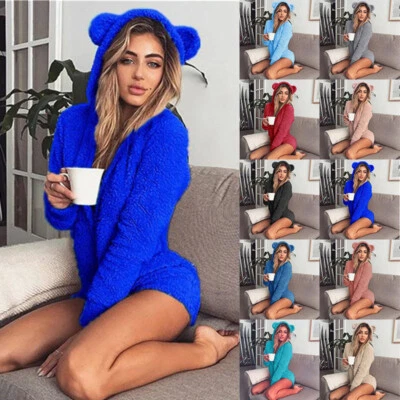 Women Fluffy Sleepwear Fleece Playsuit Fur Shorts Pajamas Romper Jumpsuit - Image 1 of 4