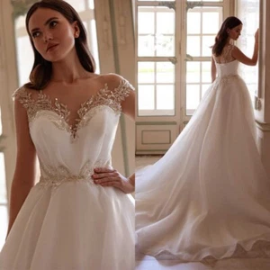 Wedding Dresses Cap Sleeves Applique Boat Neck Sequins Sweep Train Pearls Custom - Picture 1 of 17
