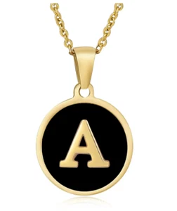 Gold Plated Stainless Steel Letter A Round Black Background Pendant Necklace - Picture 1 of 4