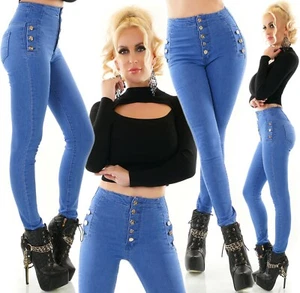 Damen Jeans Skinny Denim Hose Röhrenjeans High Waist hoher Bund goldene Knöpfe - Bild 1 von 26