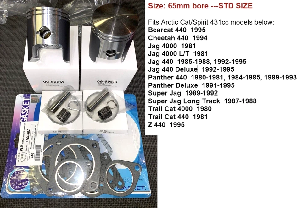 1980 81-1995 Arctic Cat 431 Cheetah_Panther_Jag_Trail Cat 440 pistón kit de reconstrucción Foto 1 de 2