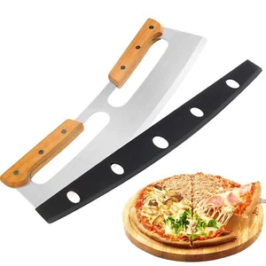Sharp Pizza Cutter Stainless Steel Rocker Blade Knife Wooden Handle & Cover 14" - Picture 1 of 6