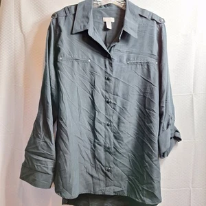 CHICO'S Button Top Sz 3 Black Modal Roll-Tab Sleeve Epaulettes Shoulder Coastal - Picture 1 of 7
