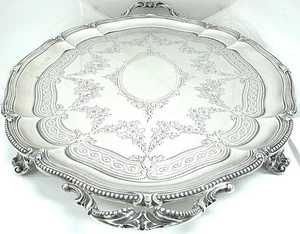 VICTORIAN STERLING SILVER SALVER FOOTED TRAY BARNARD & SONS - Picture 1 of 9
