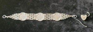 Vintage Sterling Silver Bracelet set with Three Sixpences with Heart Padlock - Picture 1 of 6