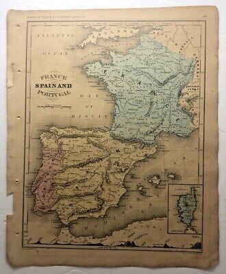 1856 Antique FRANCE, SPAIN & PORTUGAL Atlas Map - National Geographic • 13.17$