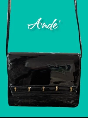 Vintage Ande'  Black Patent Leather Gold Hardware Box Crossbody Purse  ~ 1950s  - Image 1 of 4