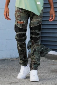 MEN'S CAMOUFLAGE SMOCKING PATCHED WHITE PAINT SPLATTER RIPPED FASHION JEANS - Picture 1 of 4