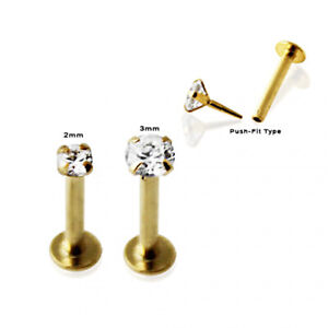 Clear Prong Gem 2mm 3mm Push-In Top 9K Real Gold Labret Ear Stud 16g 8mm  #T2