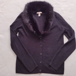 Banana Republic Black Cardigan M Faux Fur Collar Retro Cashmere Blend Sweater - Picture 1 of 9