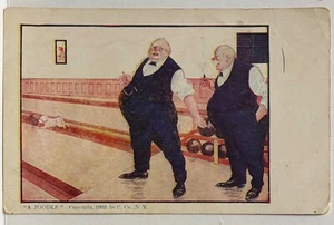 2 viejos bolos ~ perro caniche en carril ~ postal firmada en la pared de Bernhardt “un caniche” - Imagen 1 de 2