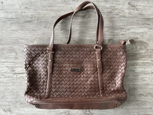 Cole Haan Junia Tote Bag Brown Leather Woven Purse Womens - Picture 1 of 15