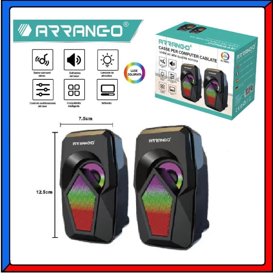 Casse Audio Altoparlanti Stereo per Computer PC Notebook con Cavo USB Luci a Led - Immagine 1 di 1