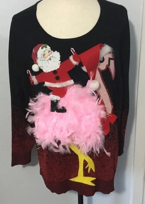 Suéter Feo Navidad Fiesta, Papá Noel y Flamenco, ¡Luces! ¡Ganador! Mujer 2X - 3X Foto 1 de 4