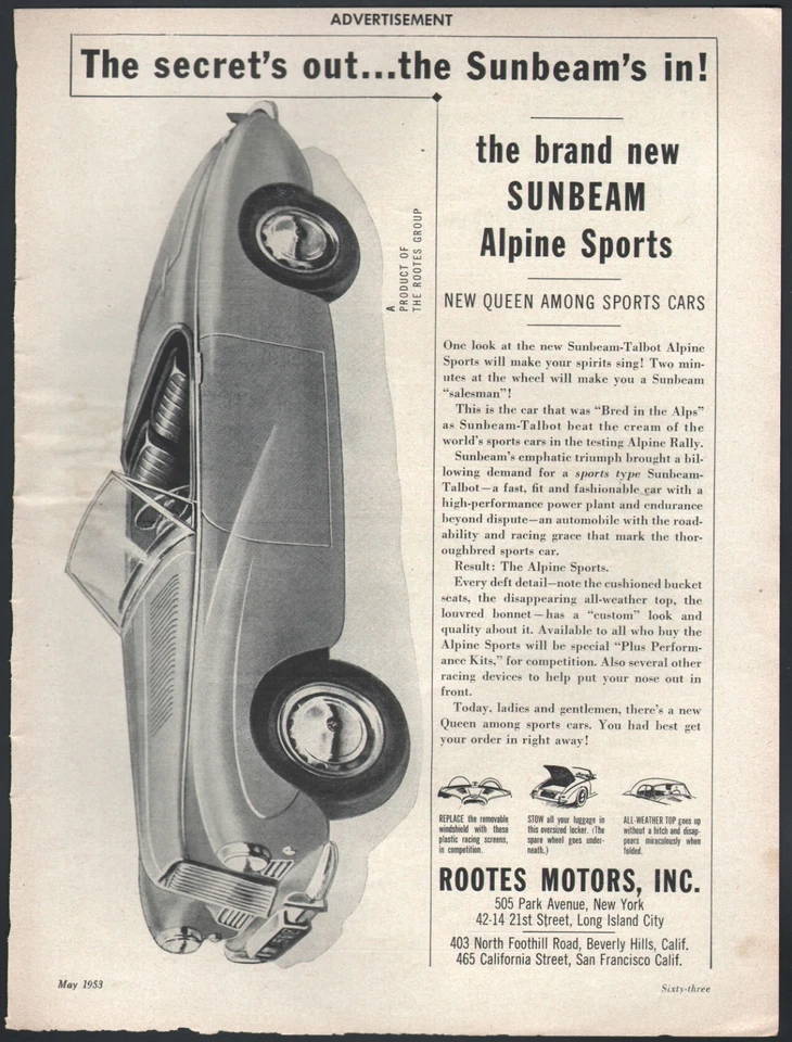 Rootes Motors 1953 anuncio Sunbeam Alpine convertible Foto 1 de 1